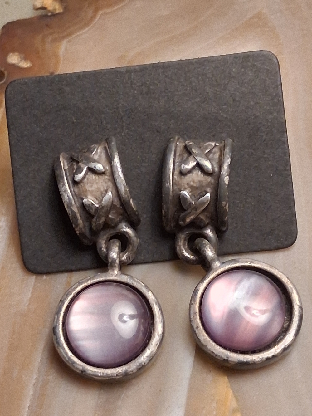 Vintage Silver  Lavender Mother-of-Pearl Drop Earrings